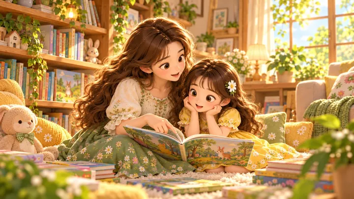 妈妈和女孩坐在书架前，一起翻看图画书