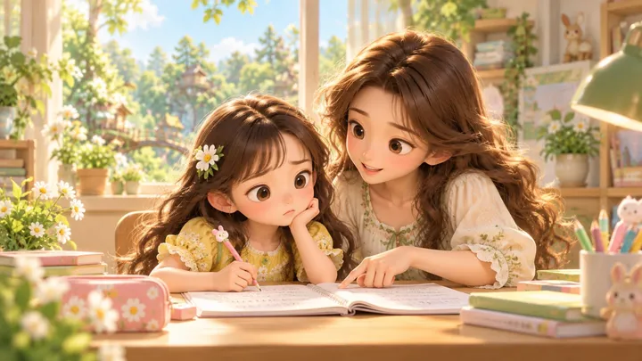 女孩坐在书桌前发愁，妈妈坐在旁边温和地和孩子商量