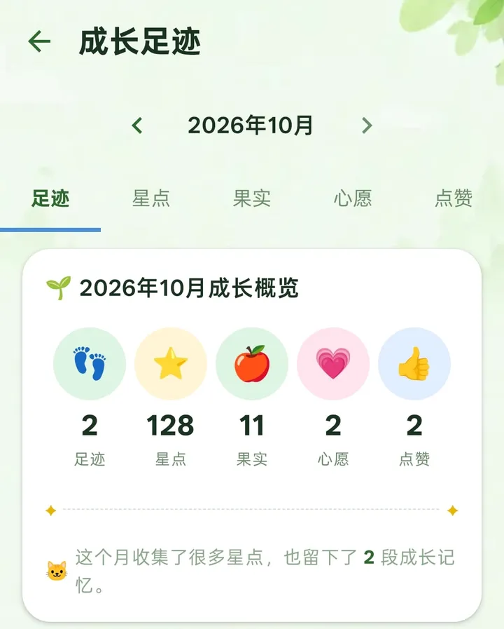 成长足迹：月份、分类标签和本月成长概览