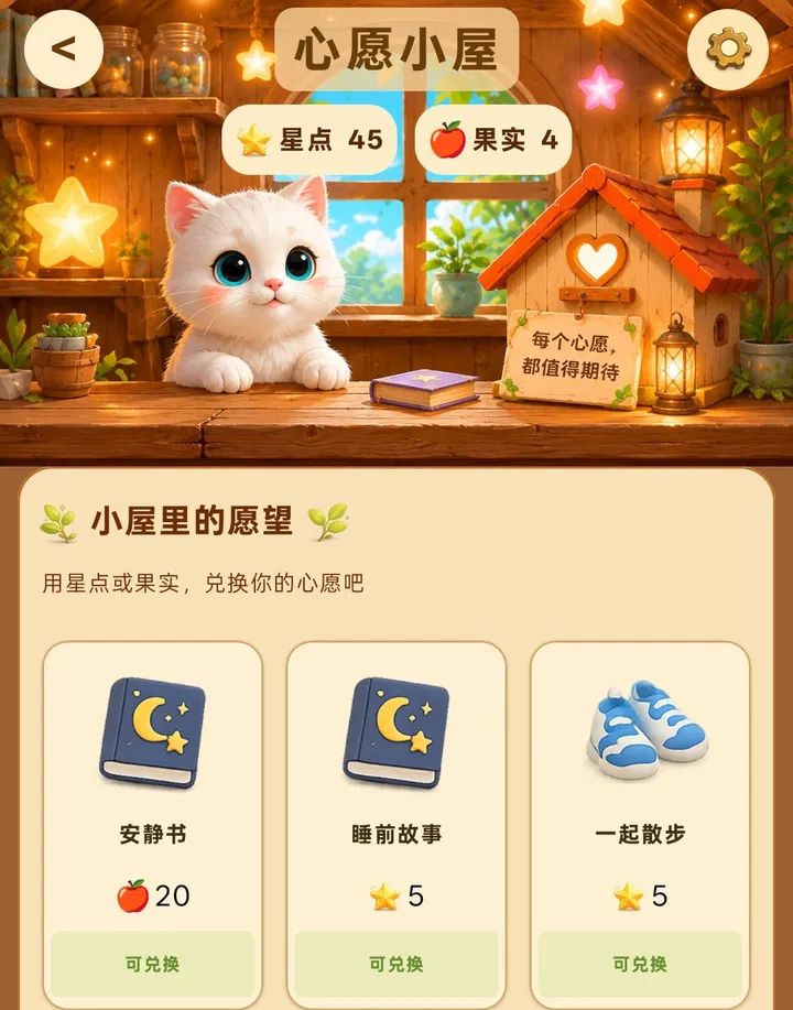 心愿小屋：星点和果实余额、小屋里的愿望