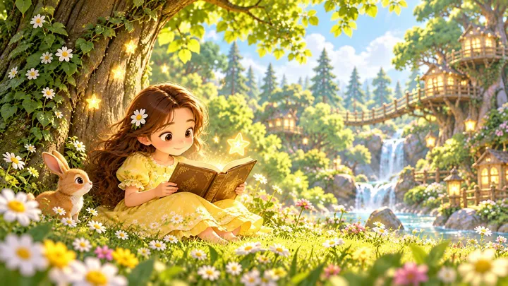 女孩坐在大树下的草地上专心读书，身边有小兔子和发光的小星星