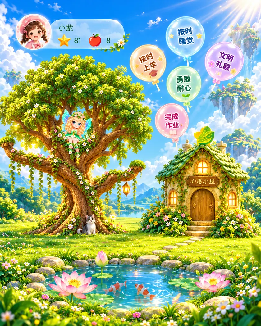 星林亲子习惯森林场景示意图：家庭树、小精灵、心愿小屋、荷花池和今日成长泡泡