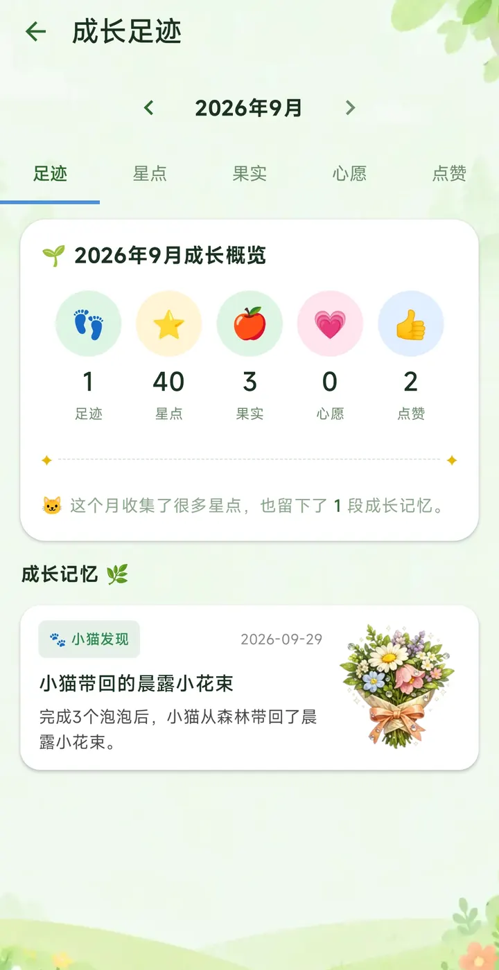 星林亲子习惯成长足迹:按月汇总星点、果实、心愿和点赞